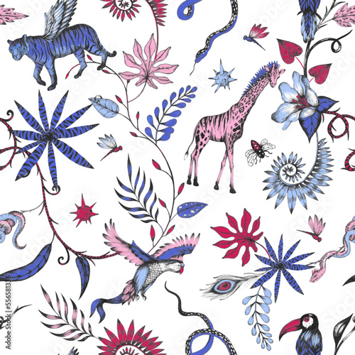 Beautiful vector trendy seamless pattern with hand drawn chimera animals birds insects and fantasy plants. Stock fashionable textile illustration.