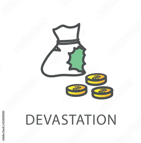 Devastation line icon. Bag of banknotes and coins from which money falls out. Metaphor of financial problems and crisis. Economics, entrepreneurship and trading. Cartoon flat vector illustration