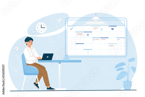 Businessman working hard. Man sits with laptop in office, employee at workplace. Young person working on project, developing start up, successful entrepreneur. Cartoon flat vector illustration