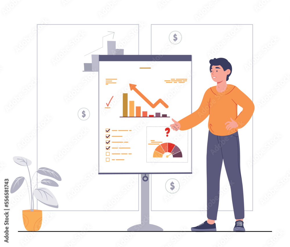 Man lead presentation concept. Young guy stands next to graphs and charts. Poster or banner for website. Infographics and analytics, marketing research metaphor. Cartoon flat vector illustration Man lead presentation concept. Young guy stands next to graphs and charts. Poster or banner for website. Infographics and analytics, marketing research metaphor. Cartoon flat vector illustration