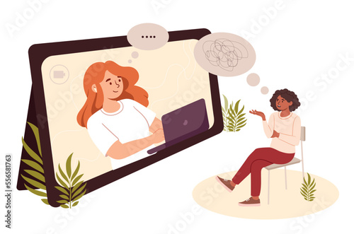 Psychological counseling concept. Woman helping character with depression and frustration. Poster or banner for website. Psychological help and support, mental health. Cartoon flat vector illustration