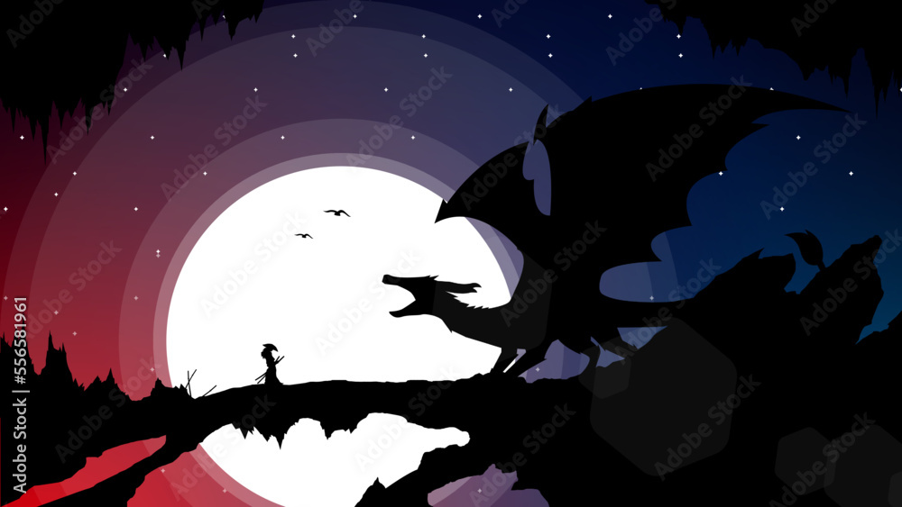 samurai fighting dragon. urban samurai fighting dragon. full moon ...