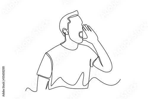 Continuous one line drawing Businessman shouting and screaming loud to side with hand on mouth. Communication concept. Single line draw design vector graphic illustration.