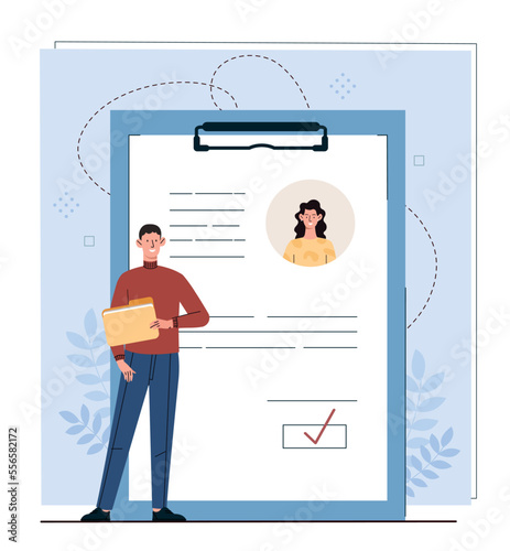 Summary of employees. Man with folder evaluates employee, rating and ranking, feedback and praise. Positivity and optimism, documents and diplomas. Poster or banner. Cartoon flat vector illustration