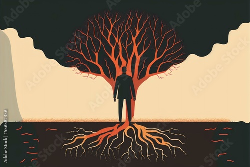 person standing in front of a tree with roots reaching deep into the earth, representing the strength and stability that comes from being grounded and connected to one's roots, (AI Generated)