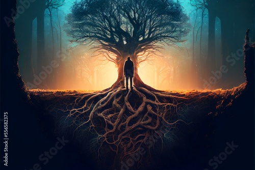 person standing in front of a tree with roots reaching deep into the earth, representing the strength and stability that comes from being grounded and connected to one's roots (AI Generated)