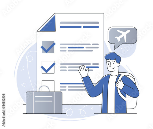 Tourism concept. Male character enters into contract with travel company. Trip and adventure, active lifestyle. Holiday and vacation. Character with plane tickets. Cartoon flat vector illustration