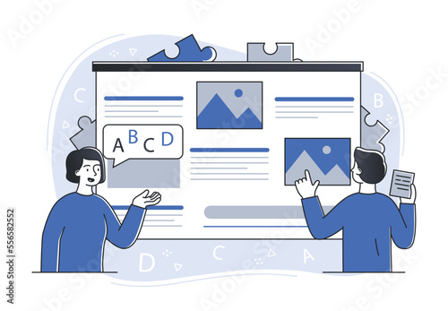 Learning language concept. Man and woman with pictures and texts engaged in sites. Modern technologies and digital world. Education and training, globalization. Cartoon flat vector illustration