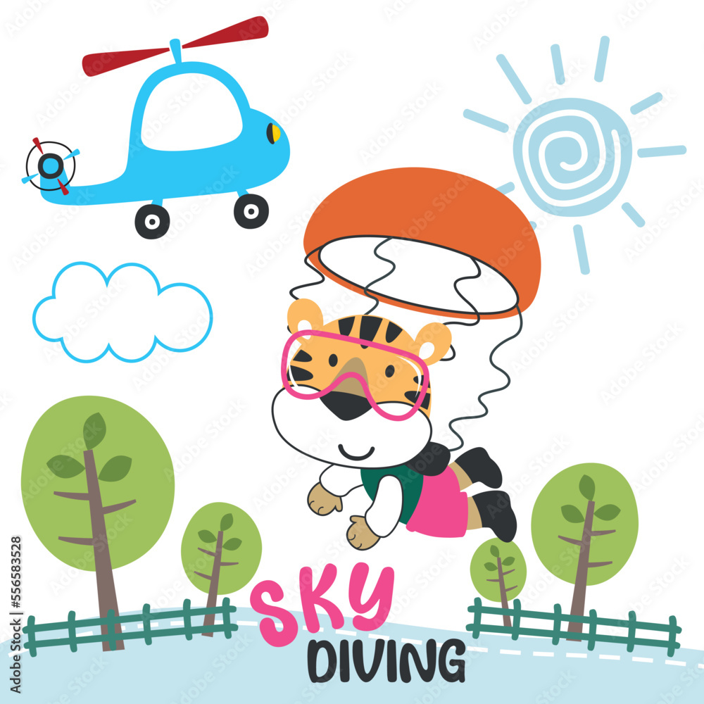 Vector illustration of a cute little tiger flying with a parachute. with cartoon style. Creative vector childish background for fabric textile, nursery wallpaper, poster, card, vector illustration Vector illustration of a cute little tiger flying with a parachute. with cartoon style. Creative vector childish background for fabric textile, nursery wallpaper, poster, card, vector illustration