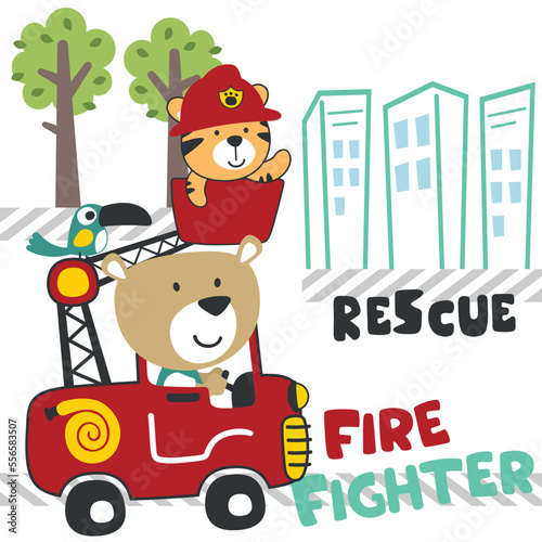 Vector illustration of funny bear firefighter on fire truck. Creative vector childish background for fabric, textile, nursery wallpaper, card, poster and other decoration