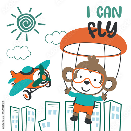 Vector illustration of a cute little monkey flying with a parachute. with cartoon style. Creative vector childish background for fabric textile, nursery wallpaper, poster, card, vector illustration