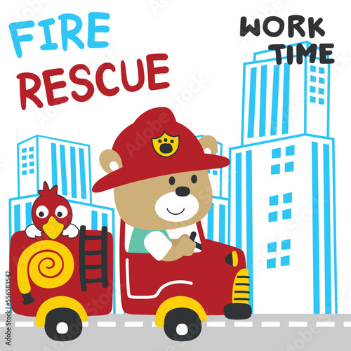 Vector illustration of funny bear firefighter on fire truck. Creative vector childish background for fabric, textile, nursery wallpaper, card, poster and other decoration