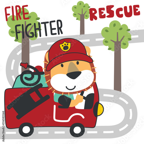 Vector illustration of funny lion firefighter on fire truck. Creative vector childish background for fabric, textile, nursery wallpaper, card, poster and other decoration