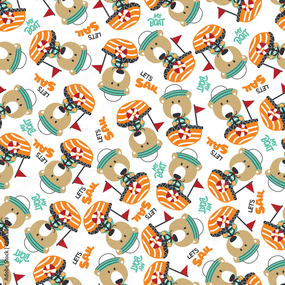 Seamless pattern with cute little bear the sailor, Cute Marine pattern for fabric, baby clothes, background, textile, wrapping paper and other decoration.