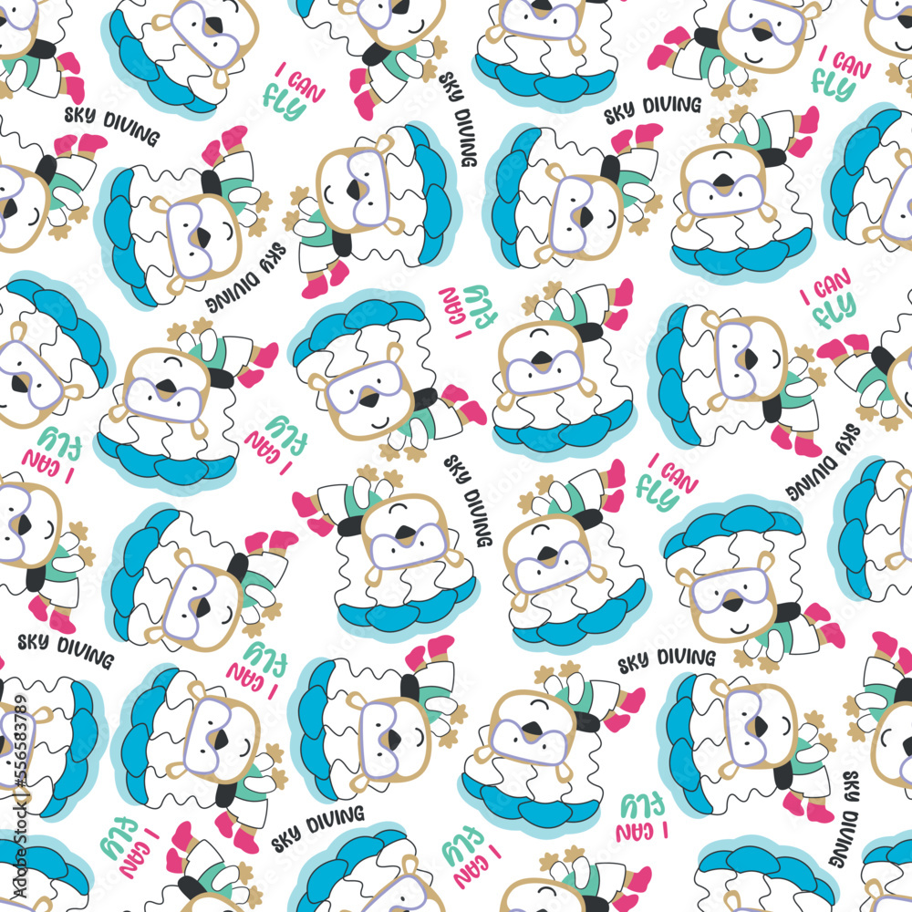 Seamless vector pattern with cute little bear skydiver, Design concept for kids textile print, nursery wallpaper, wrapping paper. Cute funny background.