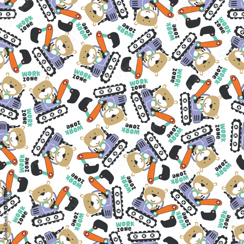 Fototapeta Naklejka Na Ścianę i Meble -  Seamless pattern of Cute little bear on excavator. Can be used for t-shirt print, kids wear fashion design, print for t-shirts, baby clothes, poster. and other decoration.