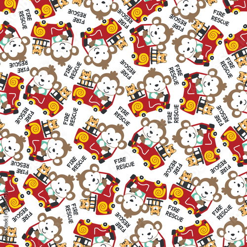 Seamless pattern of fire fighter car with monkey fire fighter animal cartoon. Creative vector childish background for fabric, textile, nursery wallpaper, card, poster and other decoration.