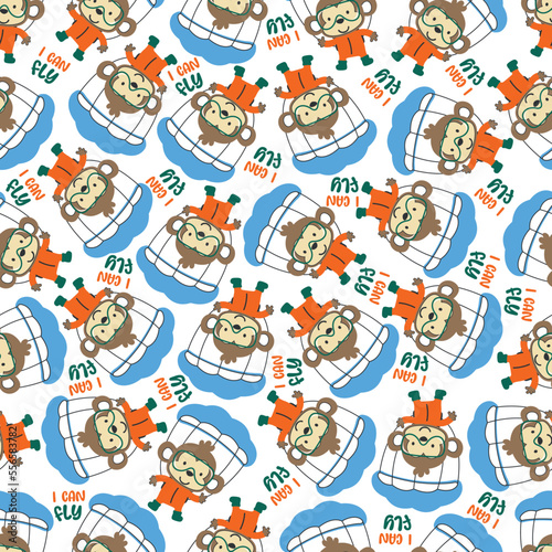 Seamless vector pattern with cute little monkey skydiver, Design concept for kids textile print, nursery wallpaper, wrapping paper. Cute funny background.