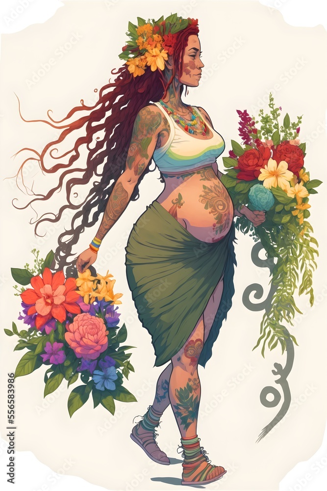 Banner with high quality illustration about pregnancy and motherhood. A beautiful pregnant woman, serene, with flowers around her. Banner with high quality illustration about pregnancy and motherhood. A beautiful pregnant woman, serene, with flowers around her.