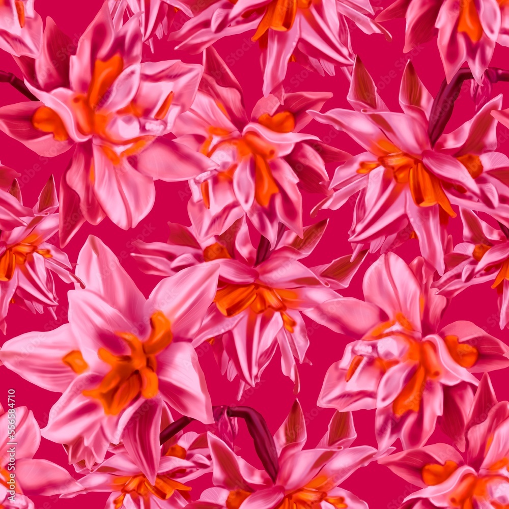 Fototapeta premium Seamless pattern Viva Magenta. Watercolor illustration of red wild flowers. Trendy color 2023. realistic digital paper