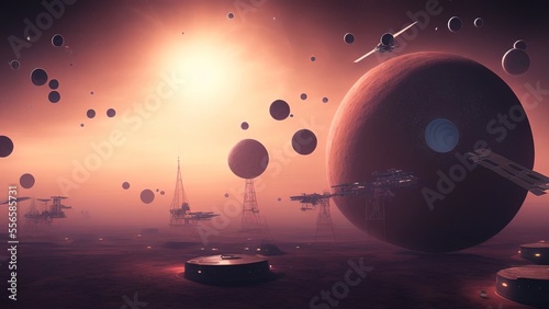 Fotografiet Space battle of spaceships and battle cruisers, planet, space station, bunker