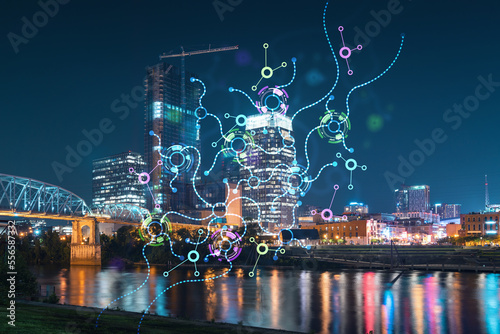 Panoramic view of Broadway district of Nashville over River at illuminated night  Tennessee  USA. Hologram of Artificial Intelligence concept. AI  business  machine learning  neural network  robotics