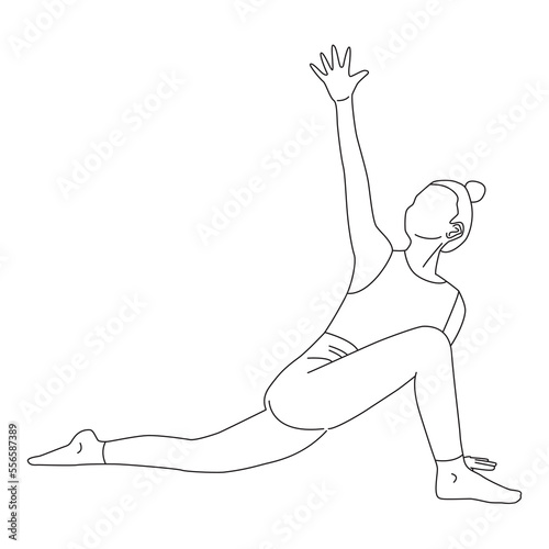 Line art of woman doing yoga in deep lunge twist pose vector.