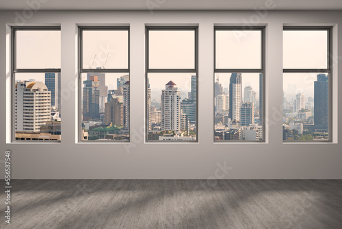 Empty room Interior Skyscrapers View Bangkok. Downtown City Skyline Buildings from High Rise Window. Beautiful Expensive Real Estate overlooking. Day time. 3d rendering.