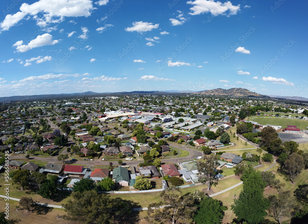 The aerial drone point of view in panoramic photography at Wodonga is a city on the Victorian side of the border with New South Wales on the southern side of the Murray River.