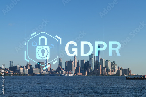 New York City skyline of Financial Downtown over the Hudson River waterfront towards skyscrapers at day. Manhattan, USA. GDPR hologram, concept of data protection, regulation and privacy