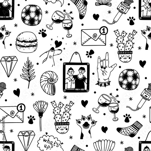 Male friendship seamless vector pattern. Friends, colleagues, team. Symbols of good relations - photos, football, karaoke, rock music, drinking. Hand drawn doodles. Background for cards, posters, web