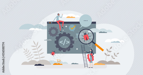 Automated software test for effective website development tiny person concept. Bug catching and error checking with artificial intelligence automation vector illustration. Programming code audit.