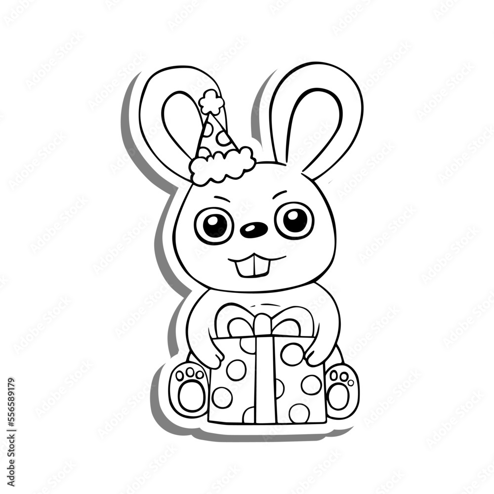 Obraz premium Happy Rabbit wearing a party hat and holding a gift. Line art elements on white silhouette and gray shadow, hand-drawn graphics. Isolated on white background, Vector illustration. 