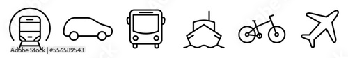 Conjunto de iconos de vehículos de transporte. Tren, autobús, automóvil, barco, avión, bicicleta. Ilustración vectorial