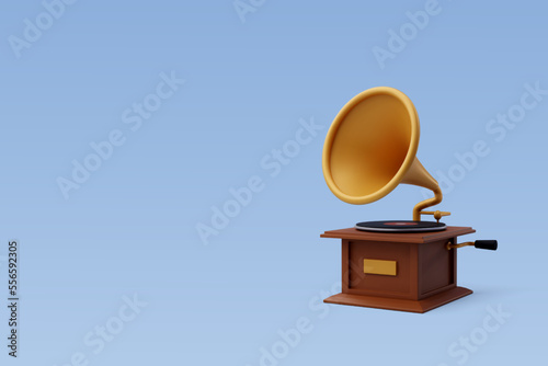 3d Vector Vintage Gramophone sound player with black audio disk, Sound equipment, Music and Instrument concept.