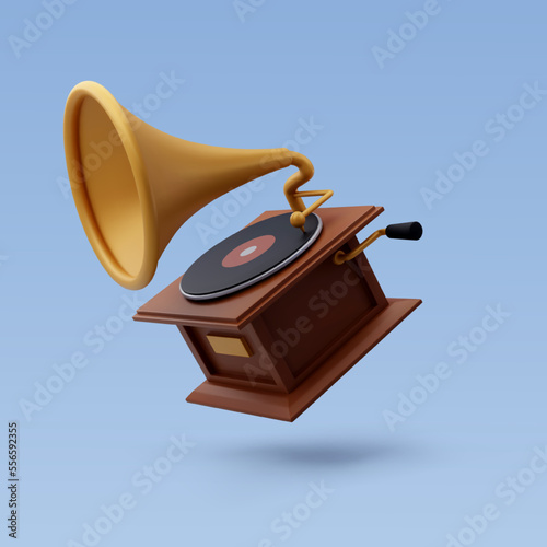 3d Vector Vintage Gramophone sound player with black audio disk, Sound equipment, Music and Instrument concept.