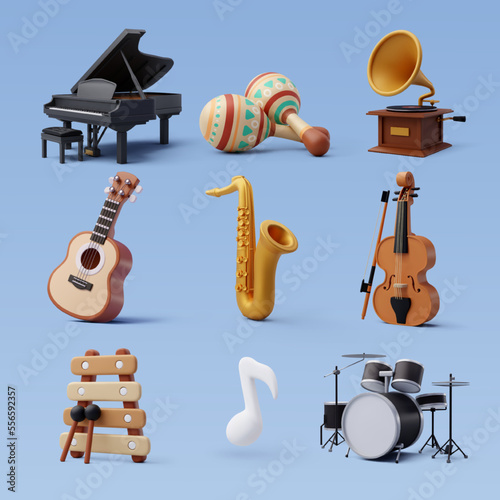 3d icon set of music instrument, musical and recreation concept.