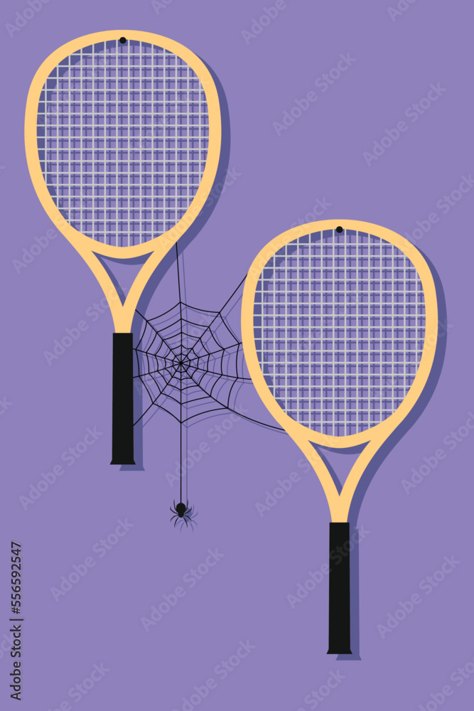 Two tennis rackets hanging on the wall, with a spider web in between. Concept: negative effect of long pause in sports, gym and exercise activity. Inactive lifestyle. Vector illustration