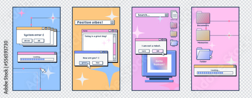 Social media posters template with retro desktop computer interface with message frames, loading bars, buttons and folders. Old pc screen layouts, vector cartoon set