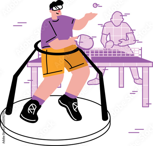 Man with VR headset playing virtual table tennis or ping pong sports simulation in Metaverse