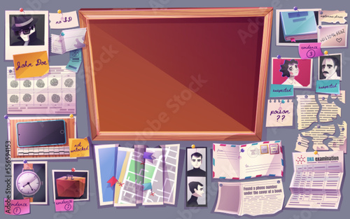 Empty detective board and evidences. Police investigation, crime research. Cork pinboard, photo of suspect people, map with pins, fingerprints and newspapers, vector cartoon set