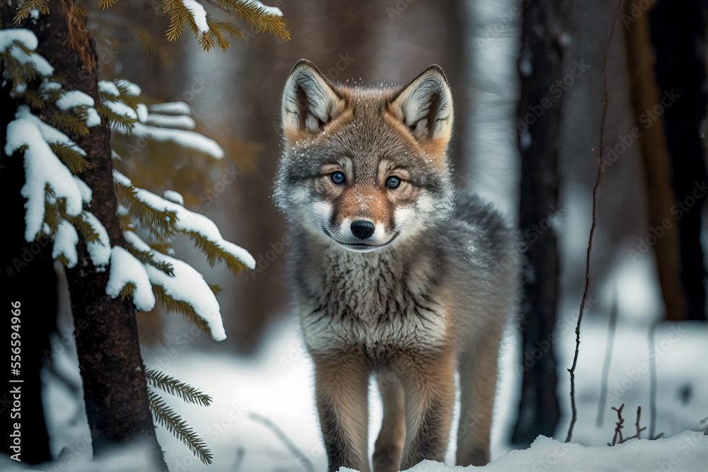 Obraz premium Gray wolf cub in winter forest. Making eye contact. Snowy landscape. Digital artwork