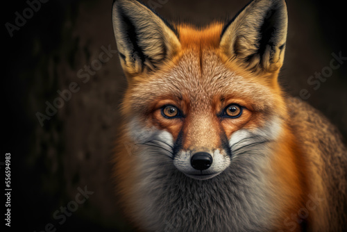 Cute Red Fox in winter forest. Making eye contact. Digital art 