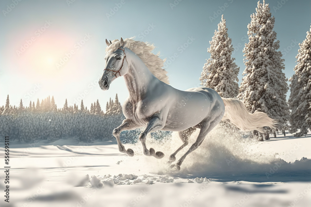 Galloping white Welsh pony on snow field. Digital artwork	
