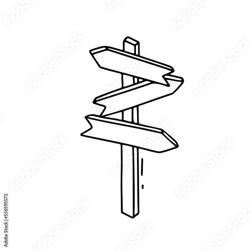 Wooden hiking pointer or signboard. Arrows for travel, forest, camping. Doodle vector outline illustration isolated on white