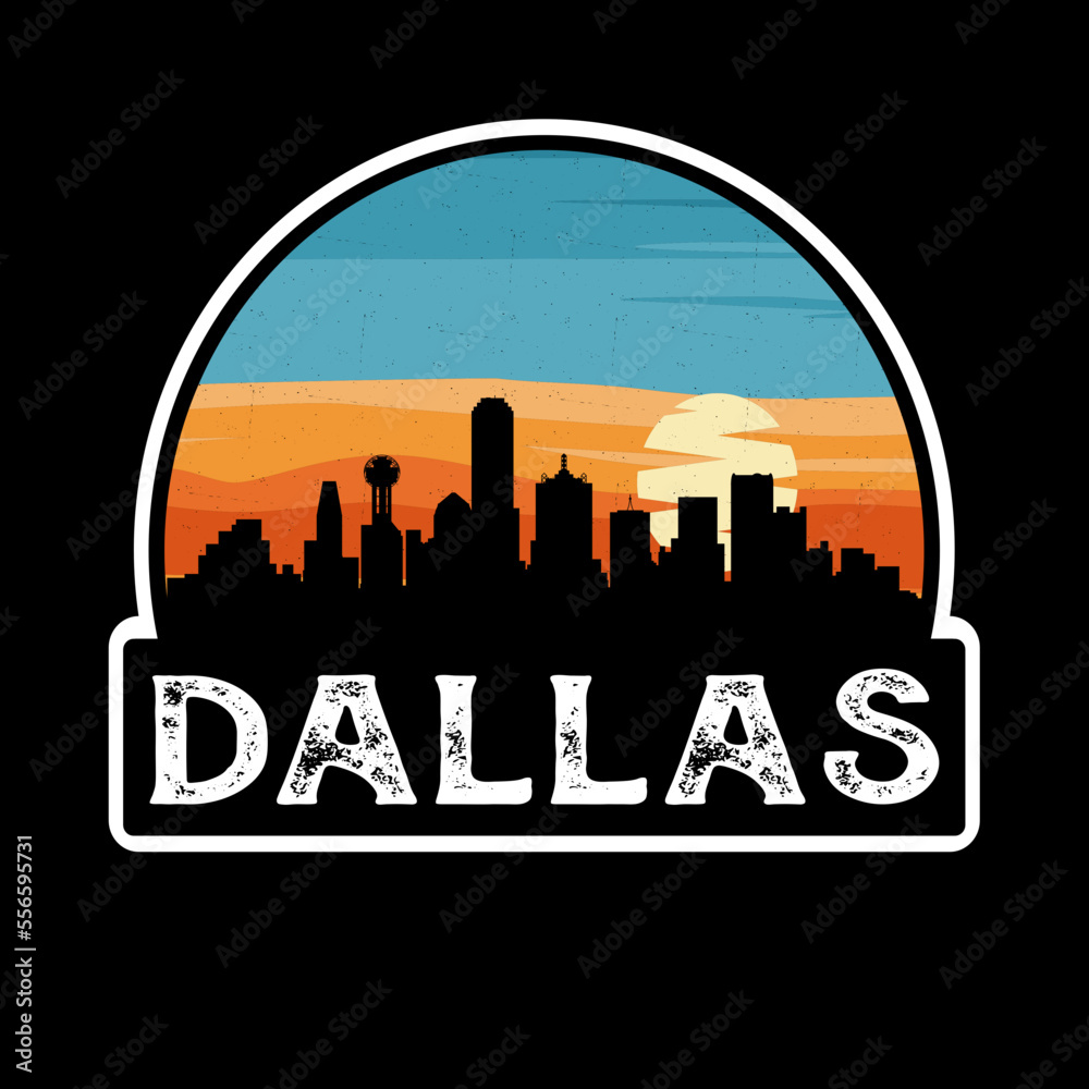 Dallas Texas USA Skyline Silhouette Retro Vintage Sunset Dallas Lover Travel Souvenir Sticker Vector Illustration SVG EPS