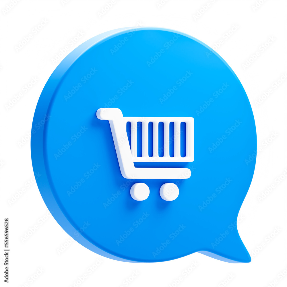 Shopping cart icon message bubble or e-commerce buy symbol illustration flat design and shop purchase basket retail store sale sign isolated on png 3d background with internet commercial market.