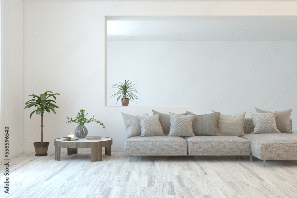 White living room with sofa. Scandinavian interior design. 3D illustration White living room with sofa. Scandinavian interior design. 3D illustration