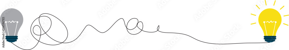 Process of complex problem to simple solution idea concept. Chaos scribble line turn into light bulb. Process of complex problem to simple solution idea concept. Chaos scribble line turn into light bulb.