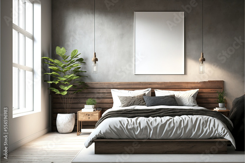 Wooden bed design, interior of bedroom with empty wall mockup, AI assisted finalized in Photoshop by me 